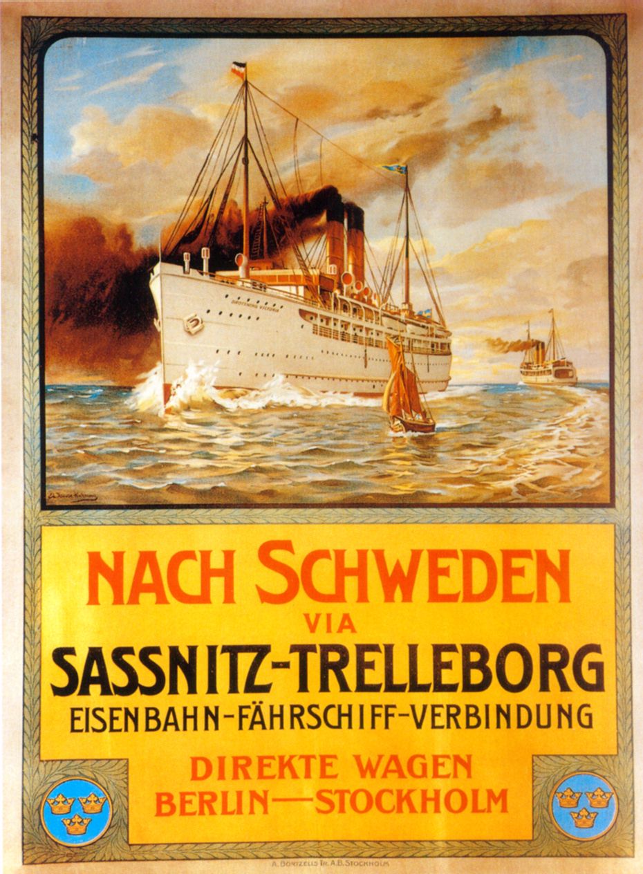 Geschichte der Eisenbahn - Teil II: 1835 - 1915 19 Plakat der Eisenbahnfährverbindung Sassnit - Trelleborg 1909