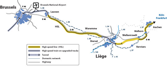 Netz Hochgeschwindigkeitstrassen Belgien Richtung Deutschland Thalys ICE TGV