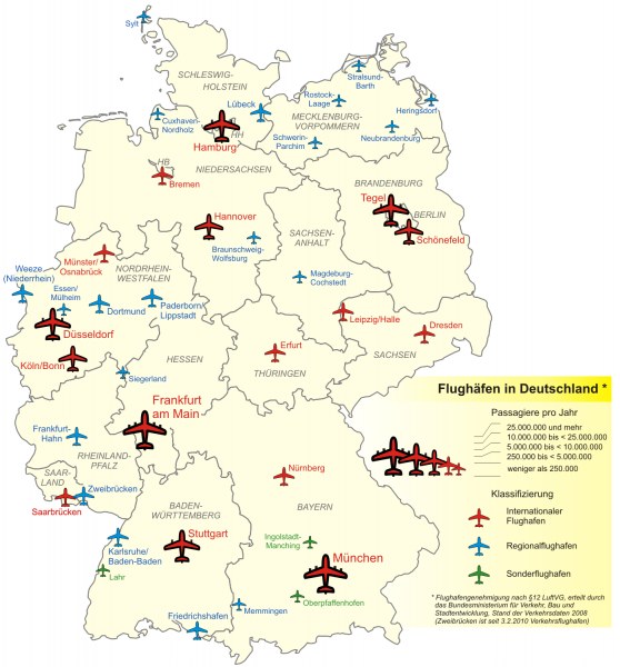 Karte Flughäfen in Deutschland Primärflughäfen Sekundärflughäfen Tertiärflughäfen Quartiarflughäfen Regionalflughäfen