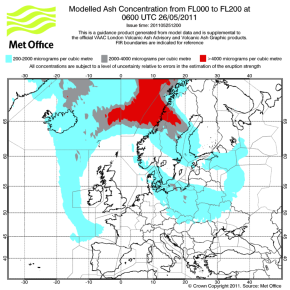 Prognose Aschewolke Aschekonzentration Island Grimsvötn Europa Deutschland 26. Mai 2011 07 Uhr