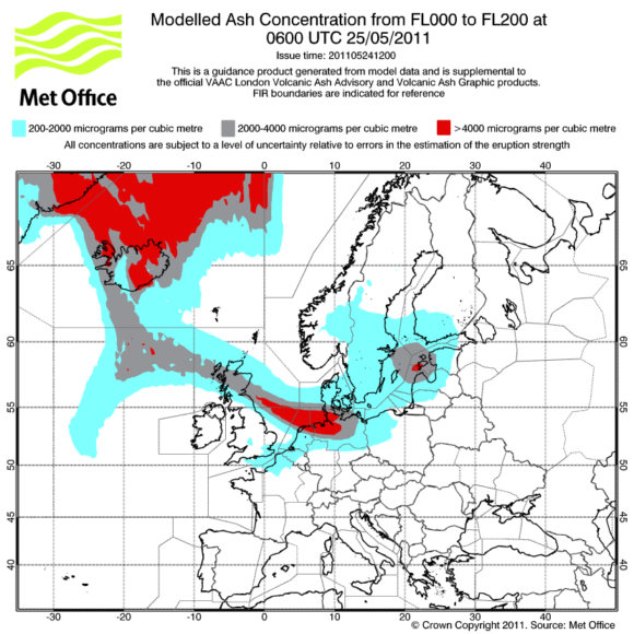 Vulkanasche Konzentration 25. Mai 2011 Prognose MET Office