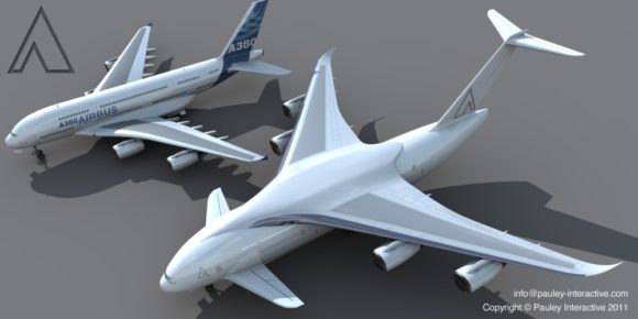 Größtes Flugzeug der Welt von Phil Pauley Designstudie Superjumbo neben Airbus A380 Größenvergleich