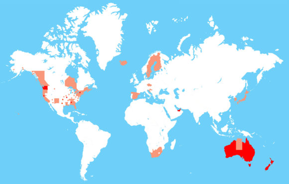 Länder mit einer vollständigen oder teilweisen Radhelmpflicht, Karte weltweit, Australien, Finnland, USA Städte