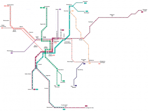 Netzkarte der Stadtbahn in und um Karlsruhe, Stand 2011