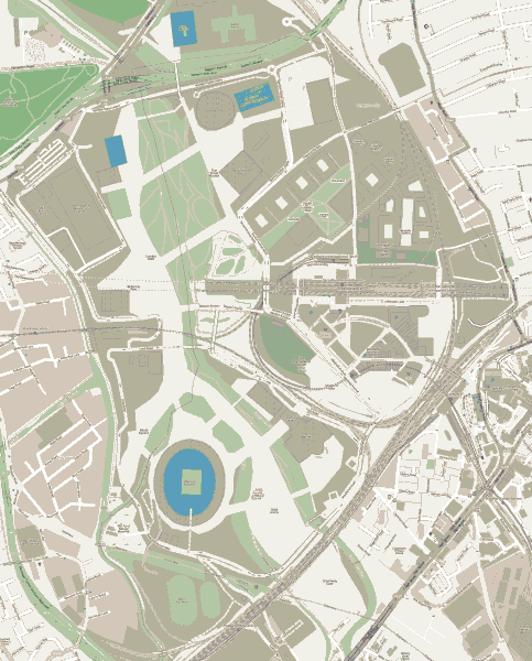 Karte des Olympiaparks in London mit Olympiastadion und der Verkehrsanbindung