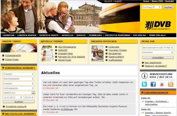 Webseite der Dresdner Verlkehrsbetriebe