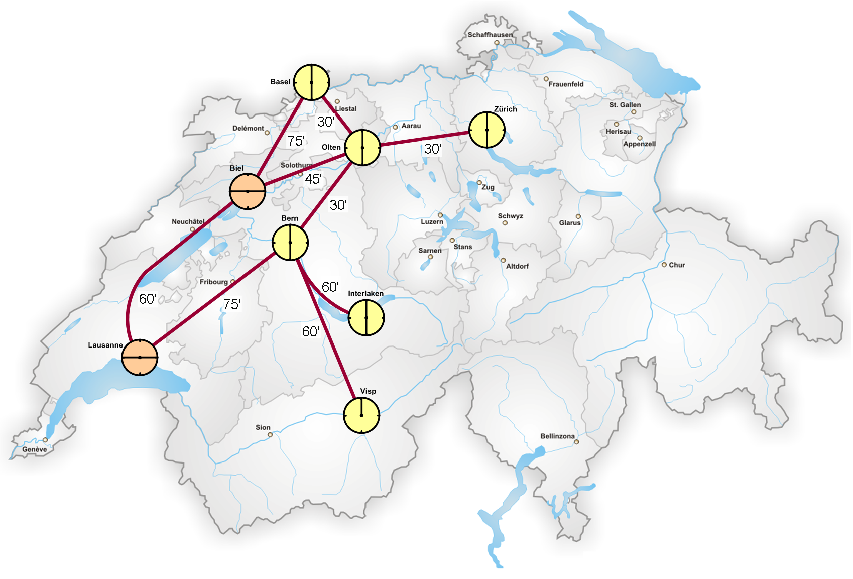 Knotensystem der Schweiz mit Lötschberg-Basistunnel (2007)