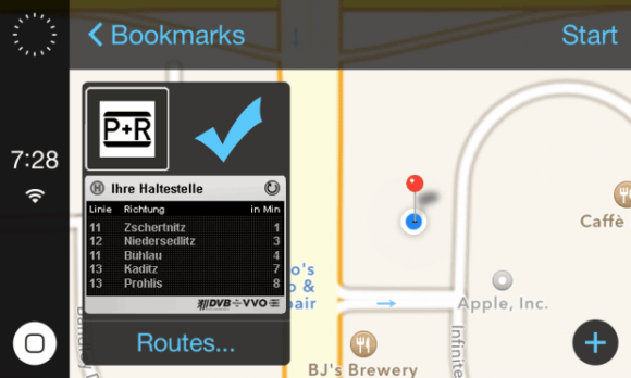 iOS in the car Screenshot mit ÖPNV und Park and Ride Dresden