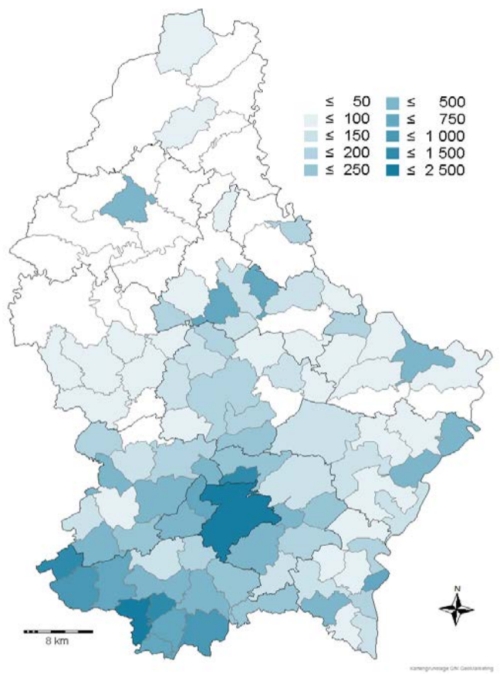 Verteilung Bevölkerungsdichte Luxemburg 2011
